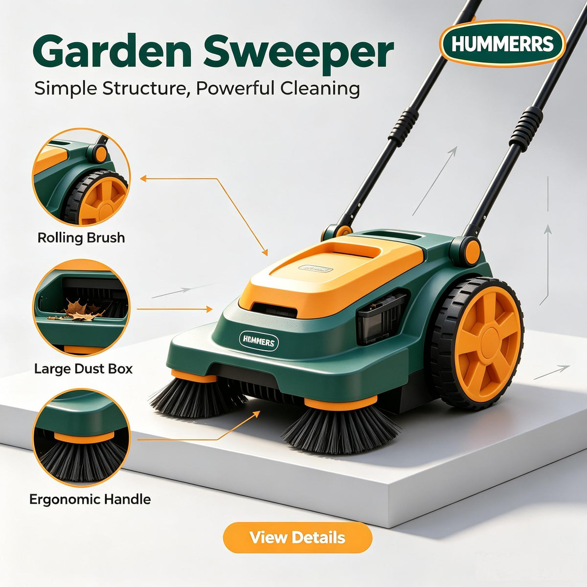 🌵HUMMERRS Garden Sweeper, Push‑Type Yard Sweeper with Rolling Brush System & Large‑Capacity Dust Box, Lightweight Manual Leaf & Debris Collector for Patio, Walkway, Backyard Lawn Cleaning