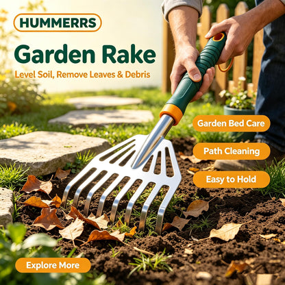 🌿HUMMERRS Garden Hand Rake, Stainless Steel Tines Garden Cultivator with Ergonomic Non-Slip Comfort Grip, Lightweight Hand Soil Rake for Loosening Soil, Leveling Ground & Clearing Leaves Debris