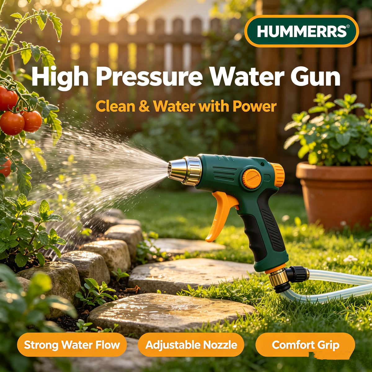 HUMMERRS High Pressure Water Gun, Adjustable Garden Hose Nozzle with 8 Spray Modes, Comfort Grip and Leak-Proof Connector, Heavy Duty Water Sprayer for Watering Plants, Cleaning and Outdoor Use