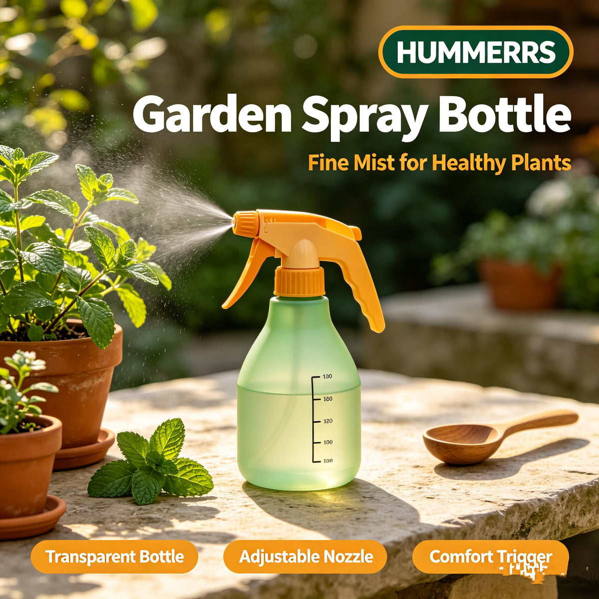 🌿HUMMERRS Garden Spray Bottle, Adjustable Nozzle Plant Mister Spray Bottle with Scale, Comfort Trigger Hand Sprayer for Indoor Outdoor Houseplants, Garden Watering, Cleaning