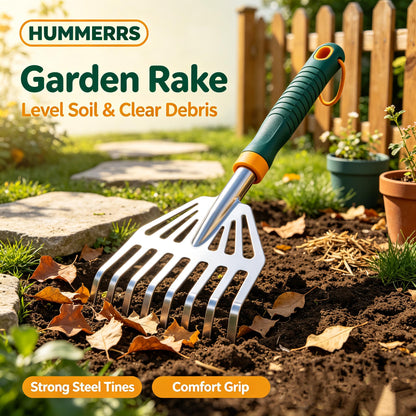 🌿HUMMERRS Garden Hand Rake, Stainless Steel Tines Garden Cultivator with Ergonomic Non-Slip Comfort Grip, Lightweight Hand Soil Rake for Loosening Soil, Leveling Ground & Clearing Leaves Debris